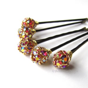 Red and Gold Crystal Hair Pins, AB Aurora Borealis 10mm or 8mm image 1