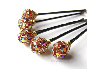 Red and Gold Crystal Hair Pins, AB Aurora Borealis 10mm or 8mm