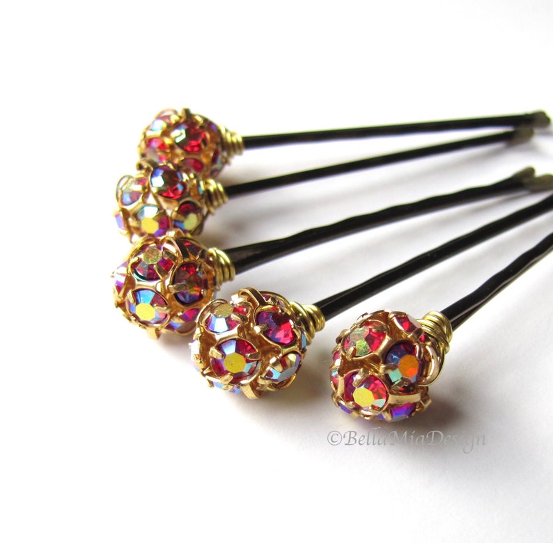 Red and Gold Crystal Hair Pins, AB Aurora Borealis 10mm or 8mm image 1