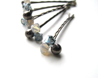 Blue Grey and Brown Bobby Hair PIns, Crystal and Pearl Clusters