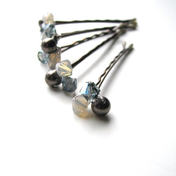 Blue Grey and Brown Bobby Hair PIns, Crystal and Pearl Clusters