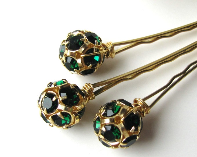 Emerald Green Hair Pins Crystal Rhinestone Set Etsy
