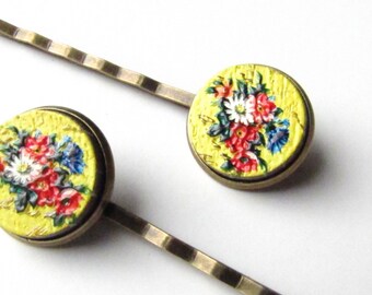 Yellow Floral Bobby Pins or Snap Hair Clip Barrettes, Red Flowers