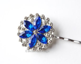 Royal Blue Rhinestone Flower Hair Pin with Silver Tone, Something Blue for the Bride, Hanukkah Bobby Pin, Round Sparkling Diamante