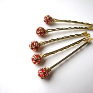 Red and Gold Hair Pins, Rhinestone Crystal Christmas Bobby Pins image 3