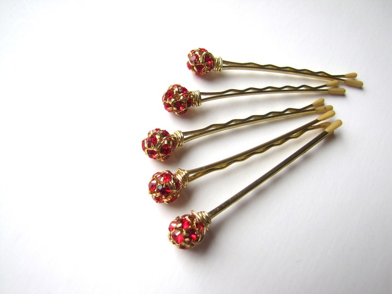 Red and Gold Hair Pins, Rhinestone Crystal Christmas Bobby Pins image 3