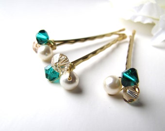 Bridal Hair Pins Emerald Crystal Pearl Clusters, Set of 3