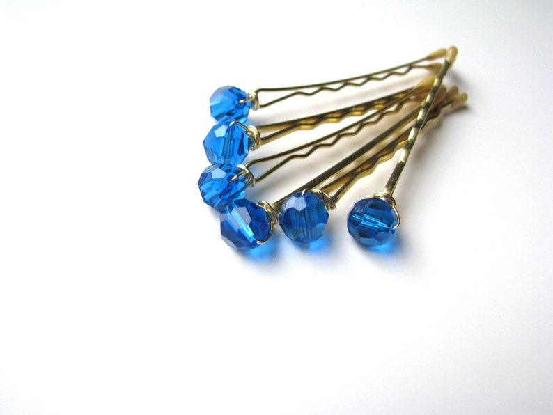 Blue Swarovski Bobby Pins Crystal Set of 6, Capri Mykonos blue image 4
