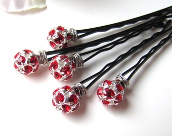 Red Rhinestone Hair Pins Set, Czech Crystal Christmas Wedding Bobby Pins