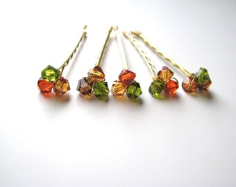 Fall Bobby Pin Crystal Clusters Brown Orange Green