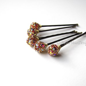 Red and Gold Crystal Hair Pins, AB Aurora Borealis 10mm or 8mm image 2