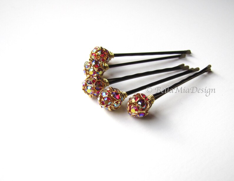 Red and Gold Crystal Hair Pins, AB Aurora Borealis 10mm or 8mm image 2