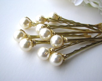 Cream Ivory Pearl Hair Pins Set, 8mm Swarovski