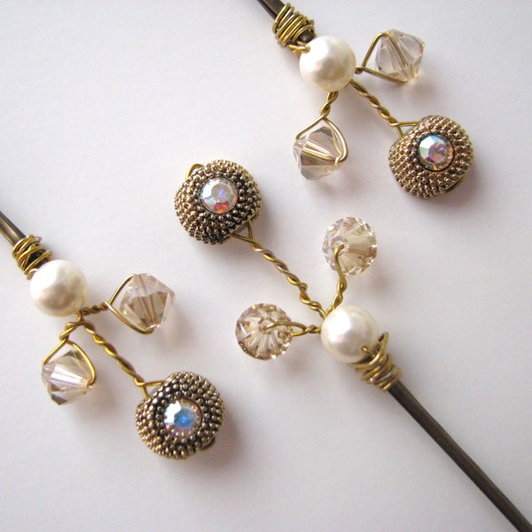 Wired Hair Pin Flowers Gold Crystal and Pearl, Swarovski