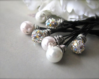 Pearl and Rhinestone Hair Pins - Blush Pink and White Romance Set of 7