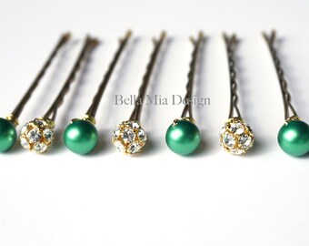 Green Pearl and Rhinestone Hair Pins, Swarovski Eden Green, with Silver or Gold Tone, Elegant Wedding Set of 7 Bobby Pins