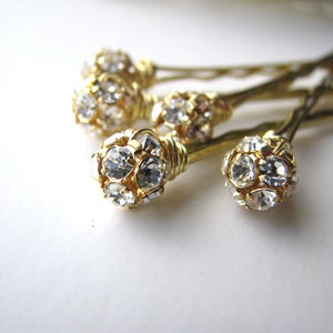 Rhinestone and Gold Hair Pins Set, Czech Crystal 8mm