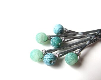 Green Beach Hair Pins Crackled Agate