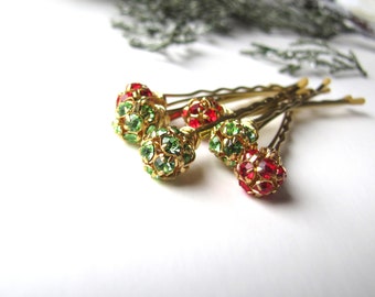 Red and Green Hair Pins, Crystal and gold tone, Christmas Bobby Pin, Holiday Sparkle