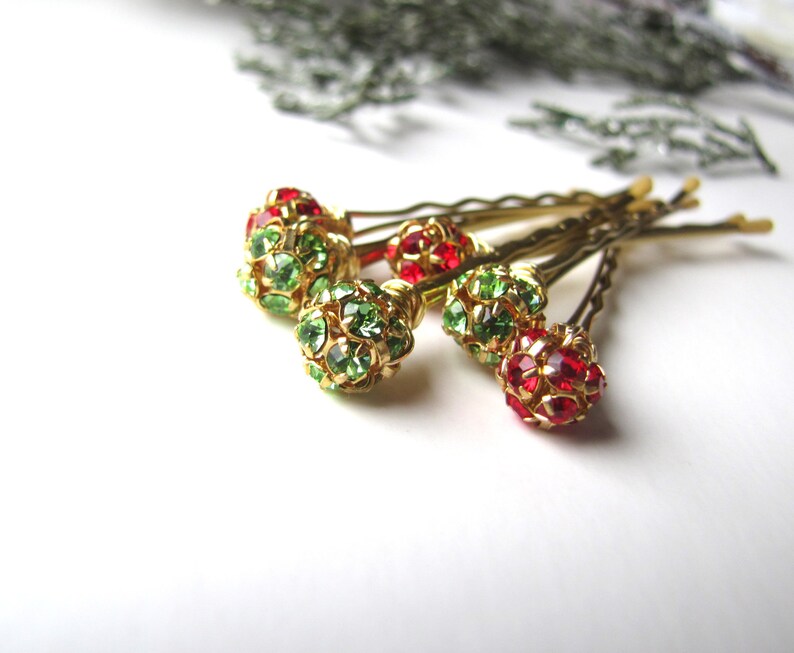 Red and Green Hair Pins, Crystal and gold tone, Christmas Bobby Pin, Holiday Sparkle image 1