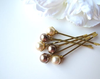 Neutral Pearl Hair Pins, 10mm Swarovski, Bronze and Light Gold