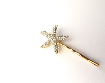 Crystal Starfish Bobby Pin, Beach Wedding Gold Diamante Hair Pin