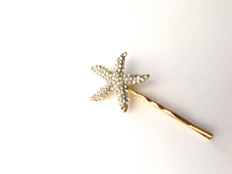 Crystal Starfish Bobby Pin, Beach Wedding Gold Diamante Hair Pin 画像 1