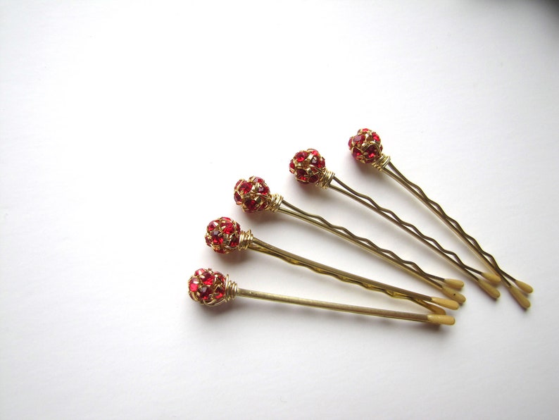 Red and Gold Hair Pins, Rhinestone Crystal Christmas Bobby Pins image 4