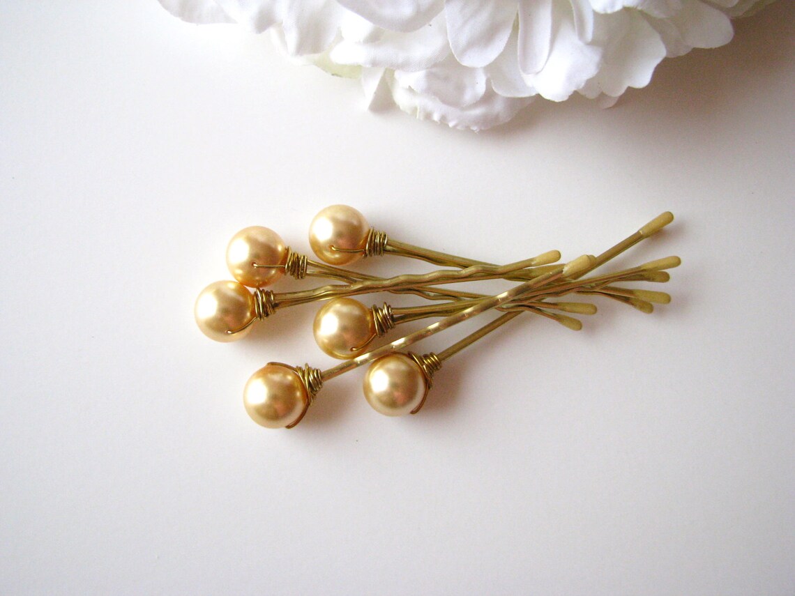 Gold Pearl Hair Pins Wedding Set Of 6 Etsy 