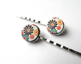 Bright Flowers Bobby Pins, Orange Yellow Green and Black