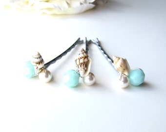 Beach Hair Pins Seashell and Mint Seafoam Green Crystal