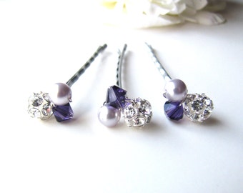 Purple Hair Pins, Swarovski Crystal and Pearl Clusters