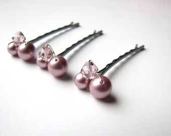 Hair Pins Pink Wedding, Pink Pearl Bobby Pins Set of 3