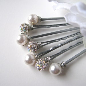 Pearl and Rhinestone Hair Pins - White and AB or Clear, Classic Elegance Set of 7