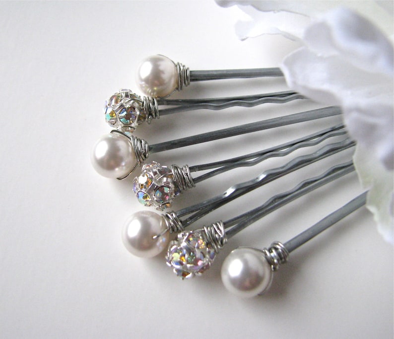 Pearl and Rhinestone Hair Pins White and AB or Clear Etsy