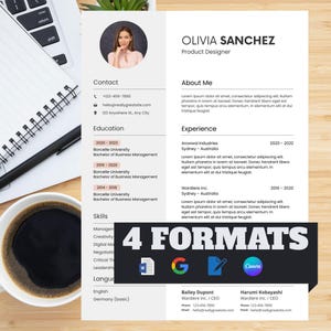 May include: A resume template with the name "OLIVIA SANCHEZ" and the title "Product Designer". The resume includes sections for contact information, education, skills, and experience. The bottom of the resume displays "4 FORMATS" with icons for Word, Google Docs, and Canva.