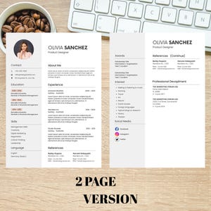 May include: A two-page resume template with the name "OLIVIA SANCHEZ" at the top. The resume includes sections for contact information, education, skills, experience, and references. The text "2 PAGE VERSION" is at the bottom.