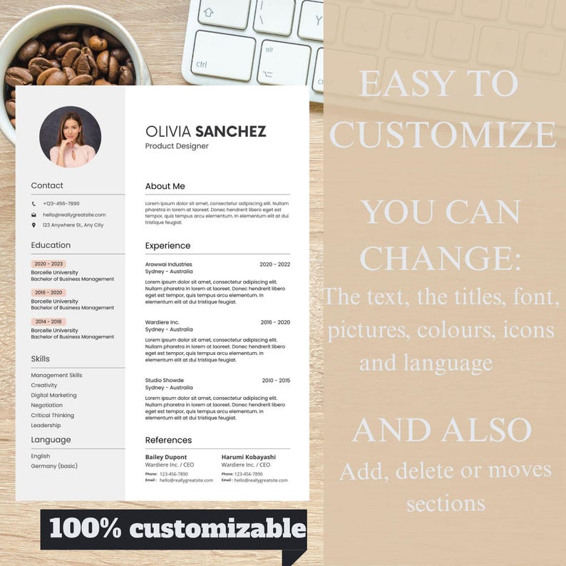 May include: A resume template with the name "OLIVIA SANCHEZ" and the title "Product Designer". The resume includes sections for contact information, education, skills, and experience. Text on the right side says "EASY TO CUSTOMIZE" and "100% customizable".