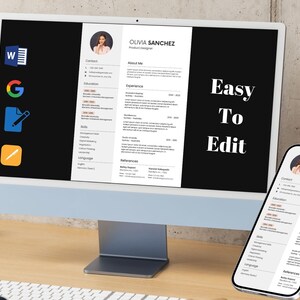 May include: A computer monitor and smartphone displaying a resume template. The resume features a headshot, contact information, and sections for education, skills, and experience. The text "Easy To Edit" is displayed on the monitor.