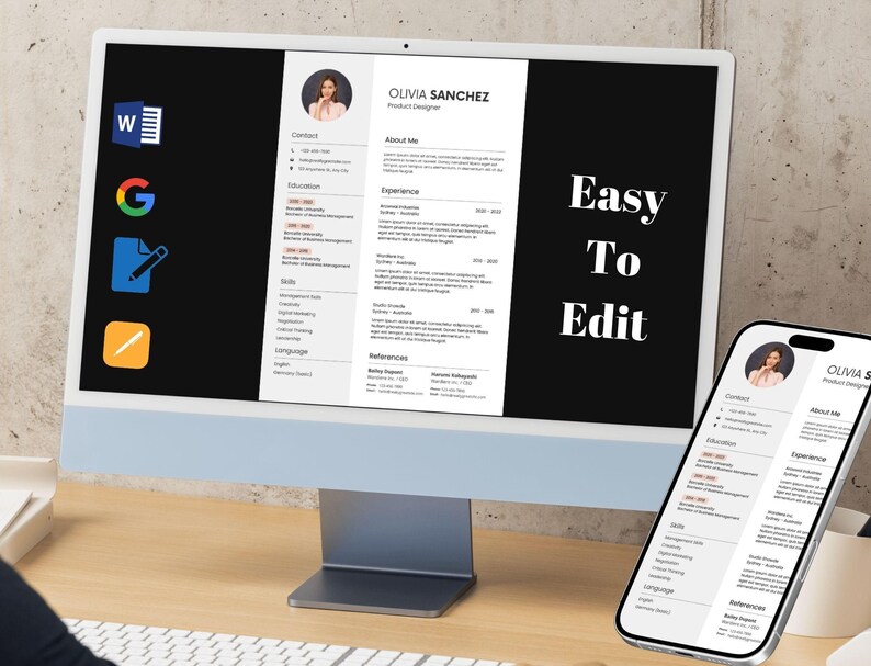 May include: A computer monitor and smartphone displaying a resume template. The resume features a headshot, contact information, and sections for education, skills, and experience. The text "Easy To Edit" is displayed on the monitor.