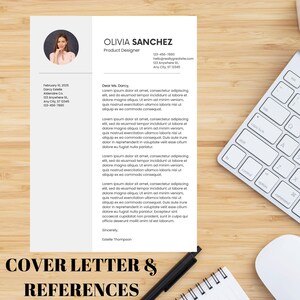 May include: A resume and cover letter template with the name Olivia Sanchez and the title Product Designer. The cover letter is addressed to Ms. Darcy. A keyboard and a notepad are in the background.