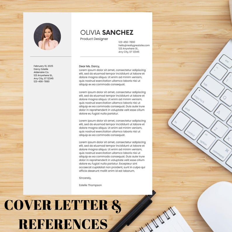 May include: A resume and cover letter template with the name Olivia Sanchez and the title Product Designer. The cover letter is addressed to Ms. Darcy. A keyboard and a notepad are in the background.