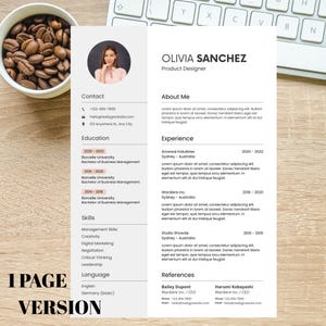May include: A professional resume template with a photo, contact information, education, skills, and experience sections. The resume is for Olivia Sanchez, a Product Designer. The document is a 1-page version.