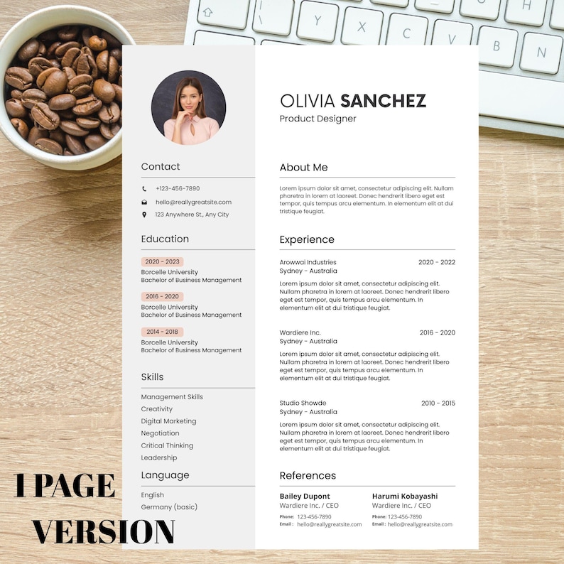 May include: A professional resume template with a photo, contact information, education, skills, and experience sections. The resume is for Olivia Sanchez, a Product Designer. The document is a 1-page version.