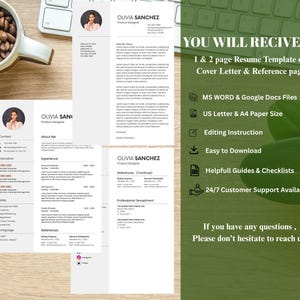 May include: A resume template with the name "Olivia Sanchez, Product Designer" is displayed on a wooden surface. The template includes sections for contact information, education, experience, and references. A coffee cup and keyboard are also visible.
