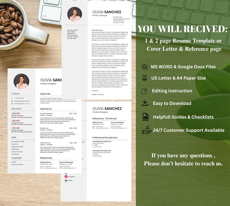 May include: A resume template with the name "Olivia Sanchez, Product Designer" is displayed on a wooden surface. The template includes sections for contact information, education, experience, and references. A coffee cup and keyboard are also visible.