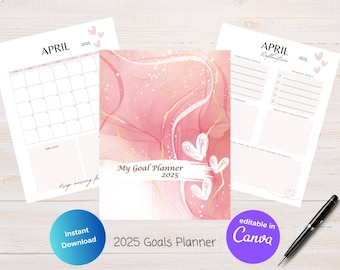 2025 Goals Planner | Pink Canva Template | Editable & Printable Goal Tracker, Daily and Weekly Planner, Monthly Reflection, To-Do List