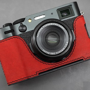 LIM&#39;S Genuine Leather Camera Half Case Dovetail Plate for Fuji FUJIFILM X100VI Case Cognac Brown [Papavero Red]