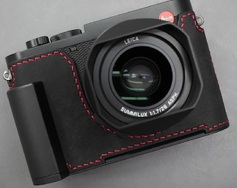 Estuche de cuero genuino italiano LIM para cámara, con empuñadura metálica y placa de cola de milano, hecho a mano para Leica Q3 Q3 43 [Negro/Rojo]