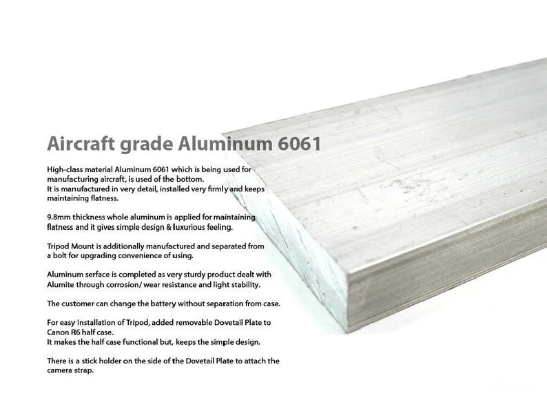 Puede incluir: Primer plano de una secci&oacute;n de aluminio 6061 de grado aeron&aacute;utico. El metal tiene un acabado plateado cepillado y una forma rectangular. El texto "Aircraft grade Aluminum 6061" es visible en la imagen.